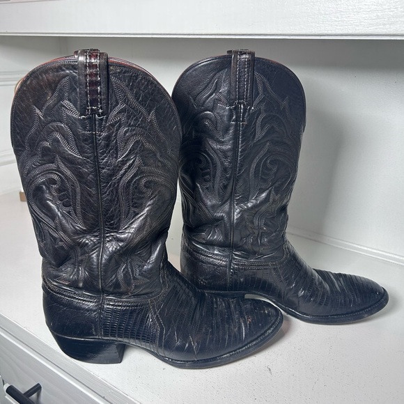 Vintage Hondo Lizard Cowboy Boots Men’s 8.5 Womens 10 Black Exotic Western - Picture 2 of 8